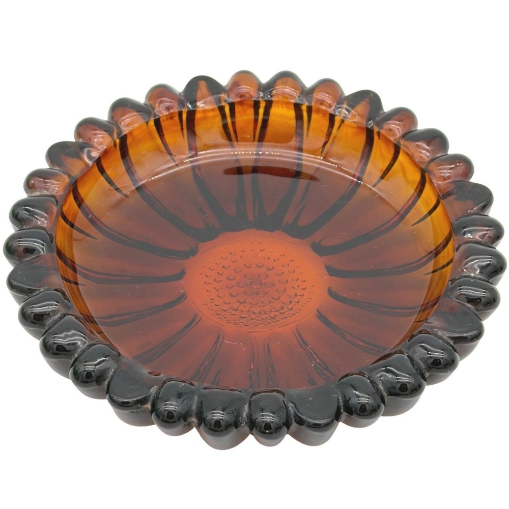 VTG Dark Amber Glass Sunflower Ashtray Scalloped Petal Rim MCM Trinket Dish 5.5"